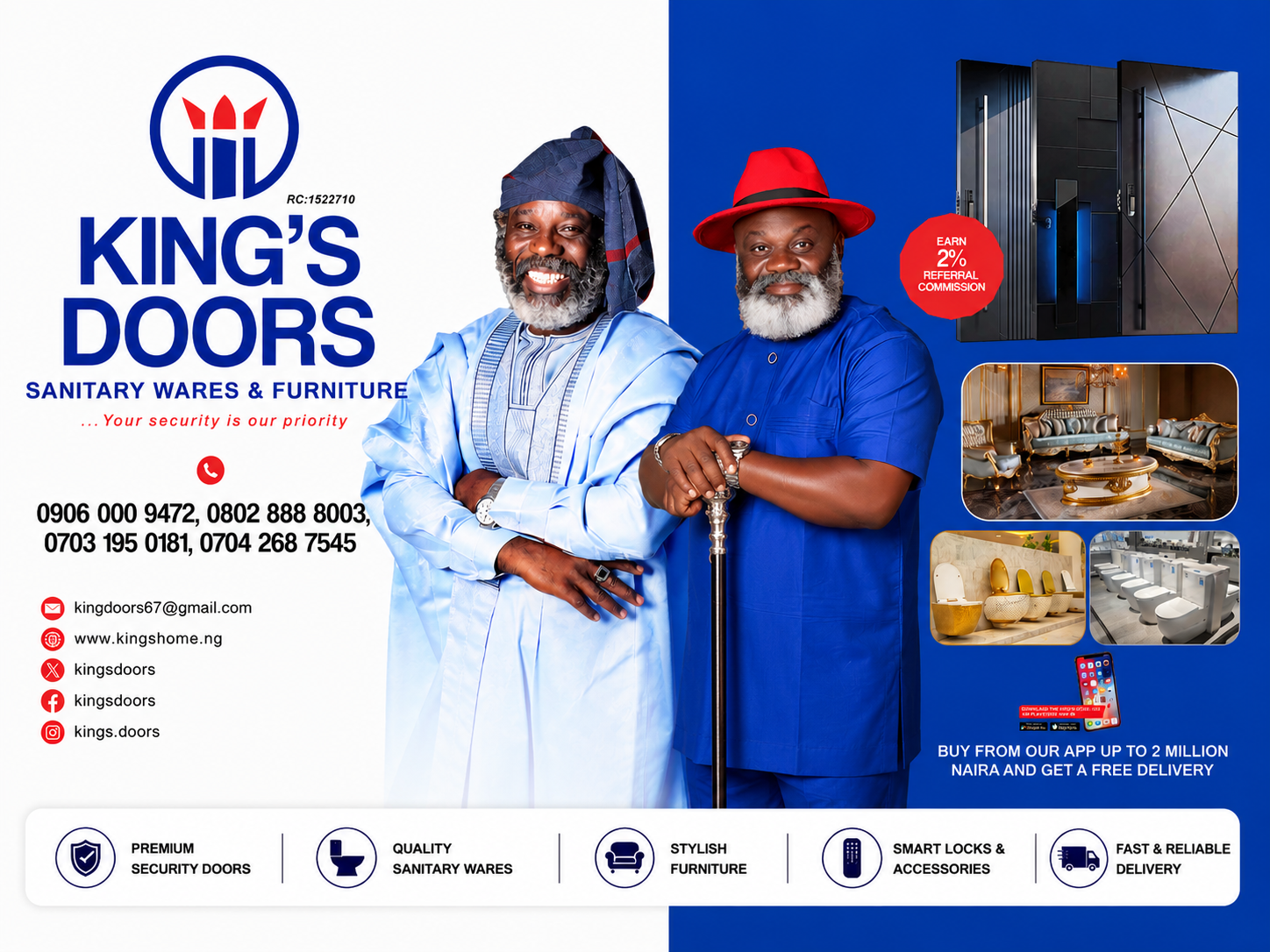 TGIF DEALS!|||Top Deals on Premium WCs|||2% Referral Commission|||FREE DELIVERY!|||Turn your Network into Income|||Enugu, We Are Now Open.|||Secure Your Home with Confidence|||Download the King's Doors App Today|||One Partnership. Endless Security.